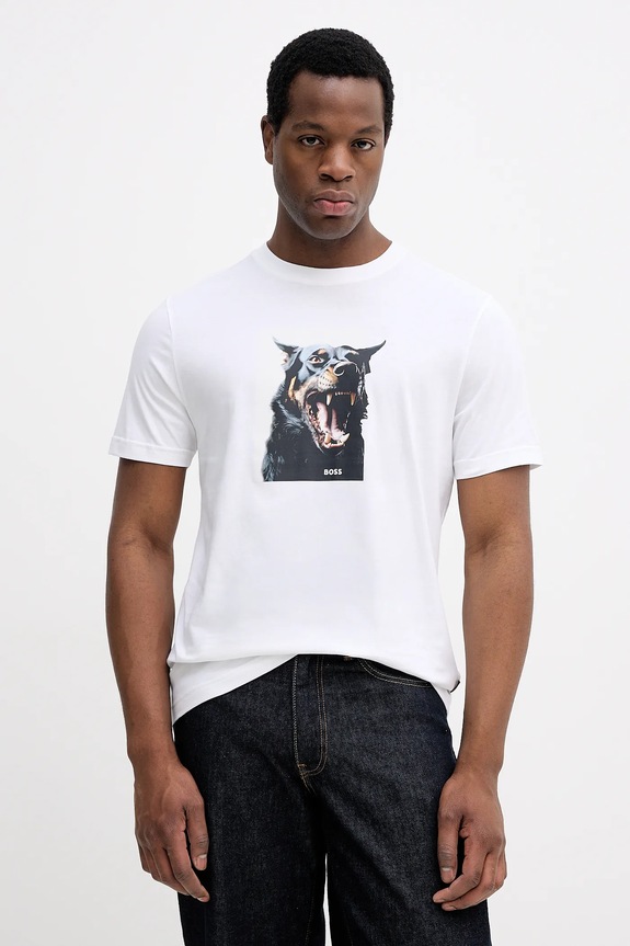 BOSS Orange tricou din bumbac Te_Dobermann print alb 50558965