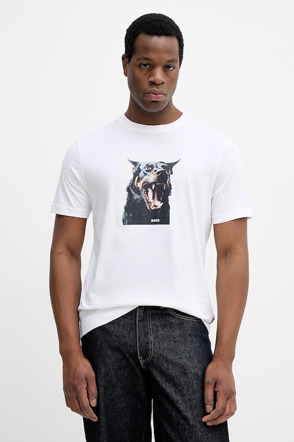 Bavlnené tričko BOSS Orange Te_Dobermann potlač biela 50558965