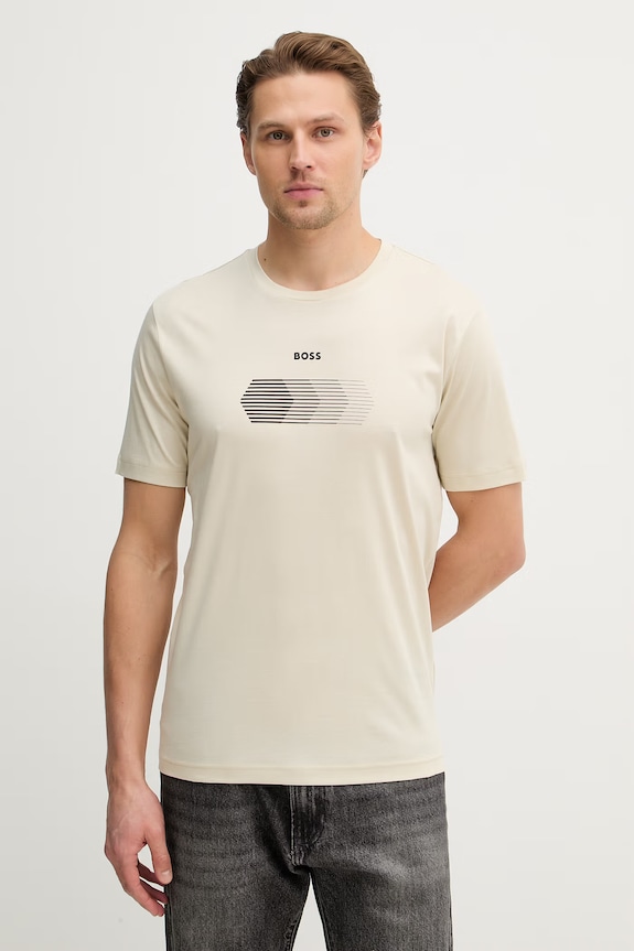 BOSS Green t-shirt bawełniany TS_Unity nadruk beżowy 50554557