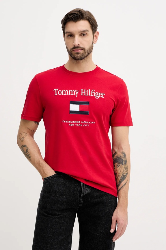 Памучна тениска Tommy Hilfiger щампа червен MW0MW42736