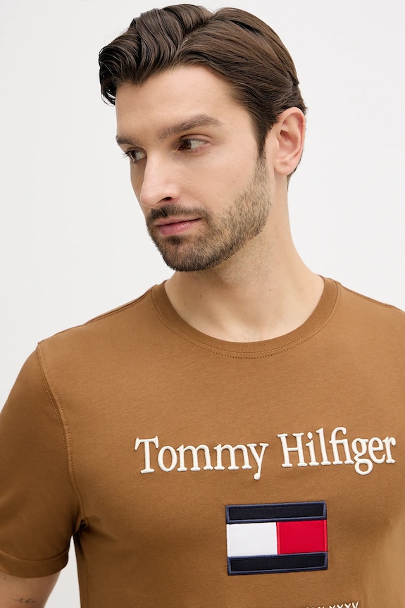 Βαμβακερό μπλουζάκι Tommy Hilfiger καφέ MW0MW42736