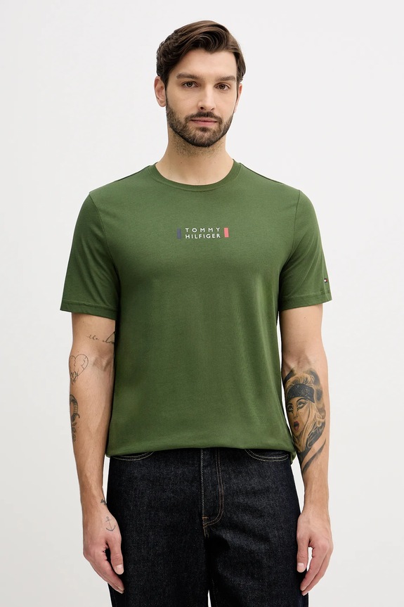 Bavlněné tričko Tommy Hilfiger potisk zelená MW0MW41453