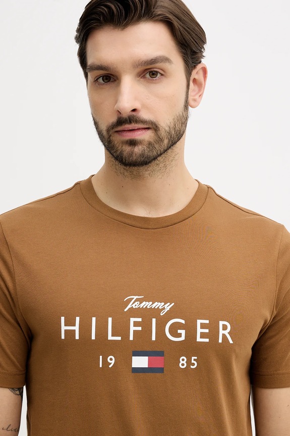 Βαμβακερό μπλουζάκι Tommy Hilfiger καφέ MW0MW41455
