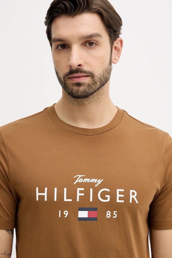 Βαμβακερό μπλουζάκι Tommy Hilfiger καφέ MW0MW41455