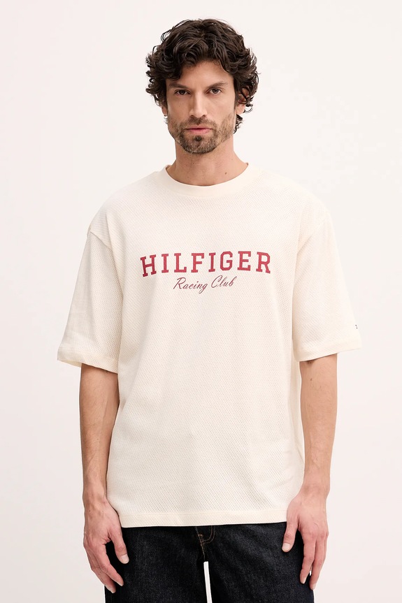 Tommy Hilfiger t-shirt bawełniany nadruk beżowy MW0MW41466