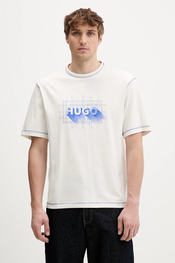 Hugo Blue tricou din bumbac Nothal print bej 50553498