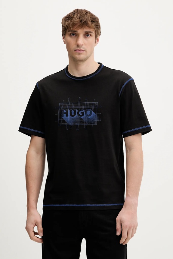 Памучна тениска Hugo Blue Nothal стандартна черен 50553498