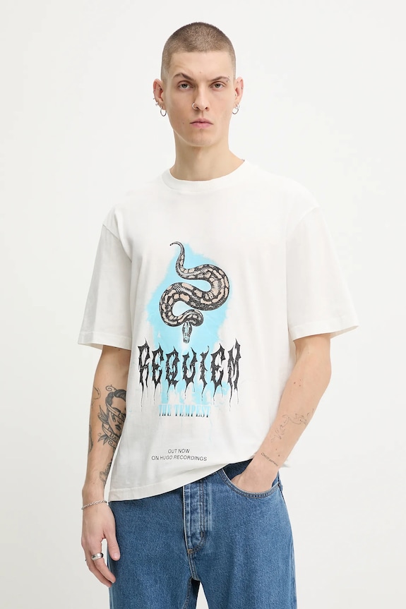 HUGO Blue tricou din bumbac Noctornix print bej 50554368