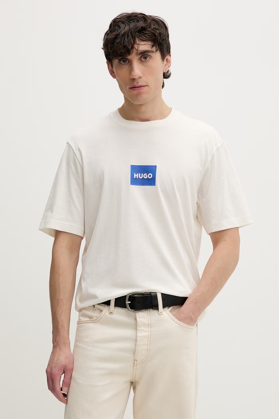 HUGO Blue T-shirt męski bawełniany Nayonix nadruk beżowy 50554382
