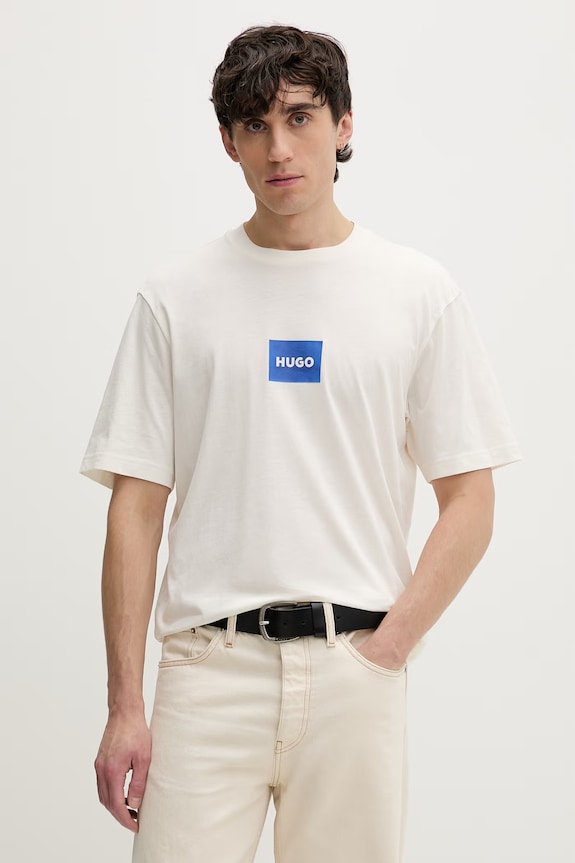 HUGO Blue T-shirt męski bawełniany Nayonix nadruk beżowy 50554382