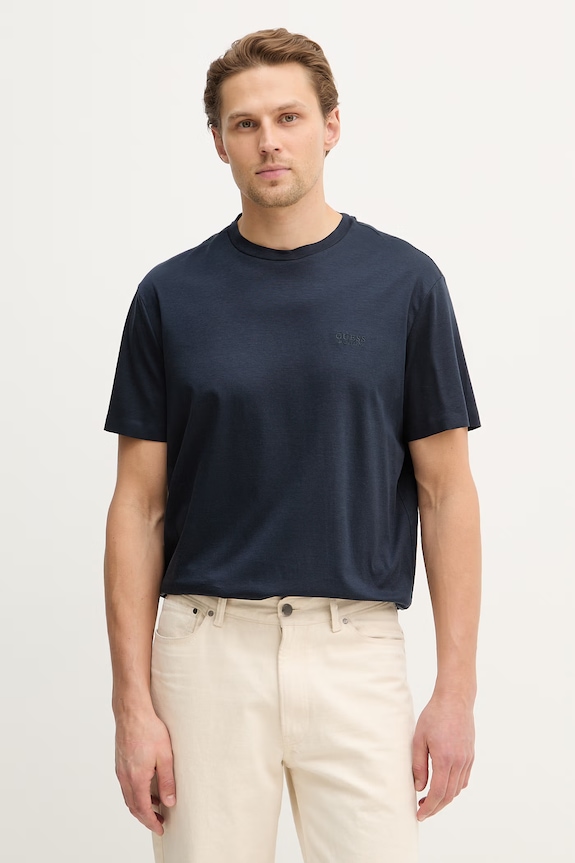 Guess tricou din amestec de mătase uni bleumarin M6RI49.KE722
