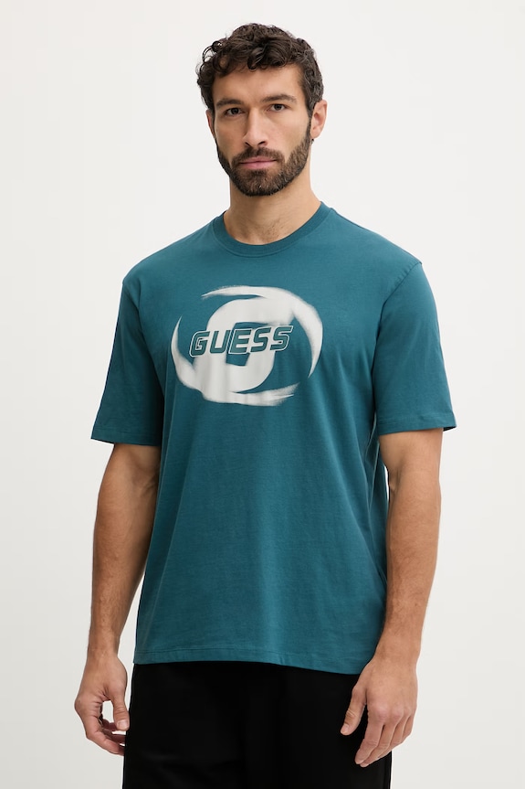Guess tricou din bumbac LOKNI print turcoaz Z6RI09.I3Z14