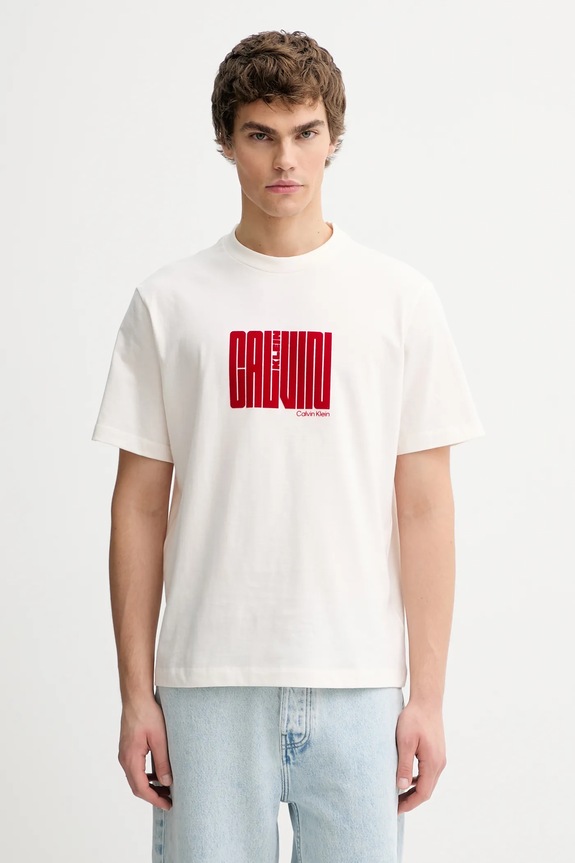 Βαμβακερό μπλουζάκι Calvin Klein στάμπα μπεζ LV04RE832G