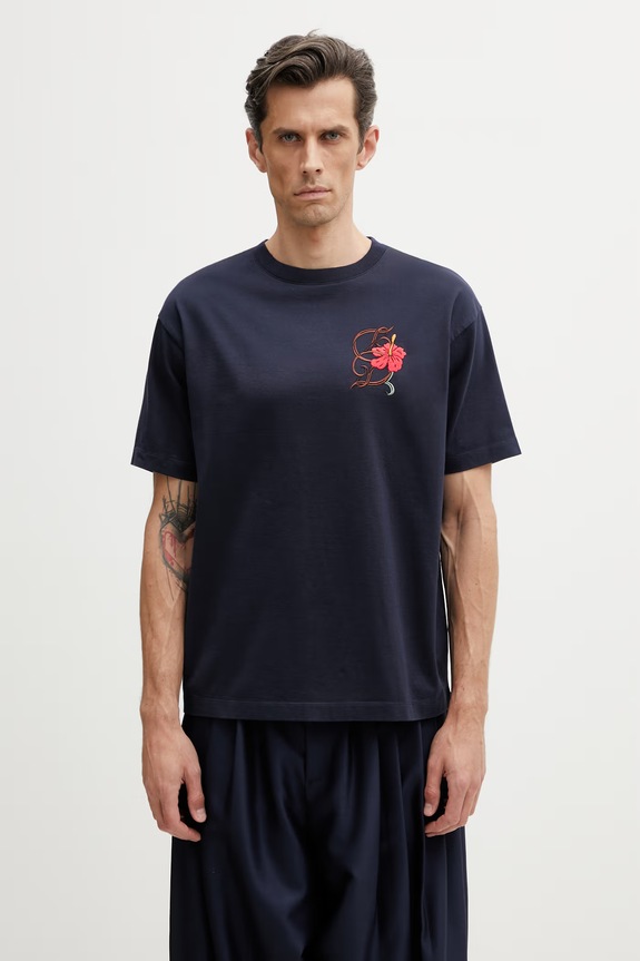 Drôle de Monsieur D Hibiscus Broddée t-shirt cotton Men's navy K.TS316.CO248.NY