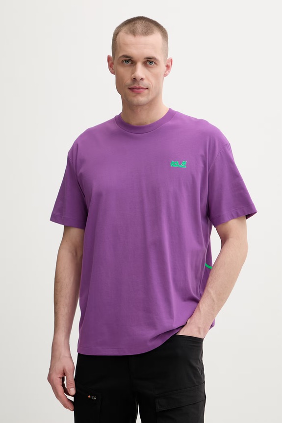 Ρούχα Jack Wolfskin t-shirt γυμναστικής ανδρικό βαμβακερό Celebrate The Paw A65912 μωβ