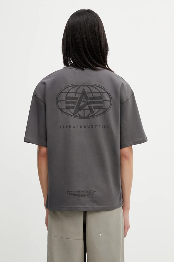 Odzież Alpha Industries t-shirt bawełniany World Logo Backprint 258514 szary
