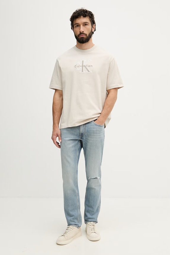 Calvin Klein Jeans T-shirt męski bawełniany LV04RF819G beżowy SS26