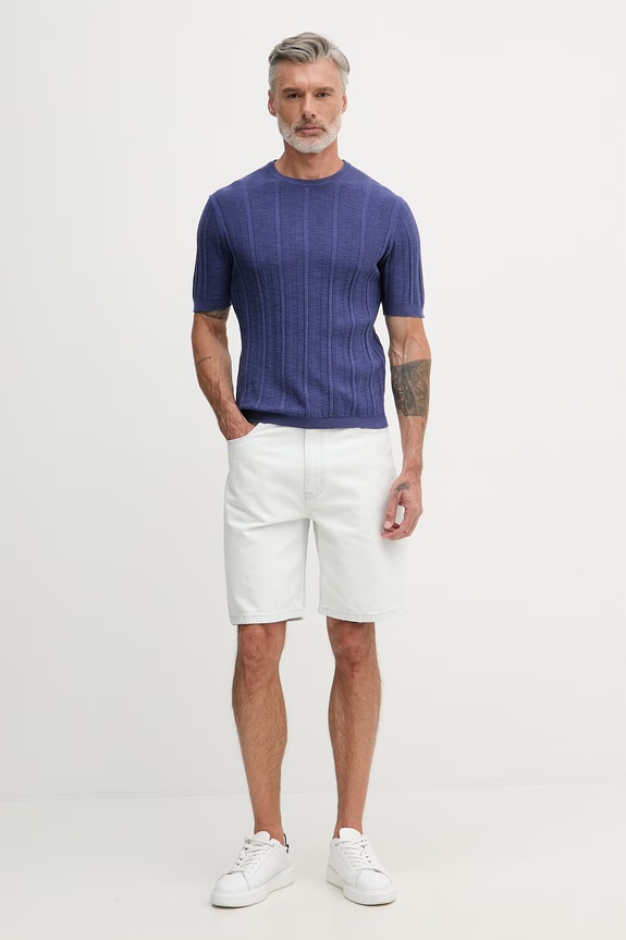 United Colors of Benetton úpletové tričko pánske s prímesou ľanu 1DC3U10BL modrá SS26