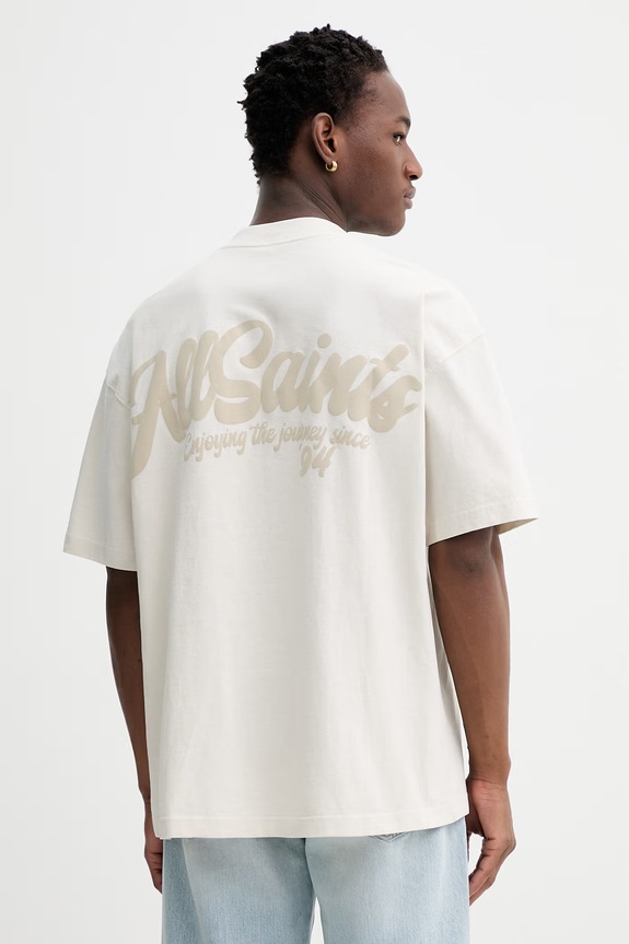 Βαμβακερό μπλουζάκι AllSaints ODYSSEY στάμπα μπεζ M008PE
