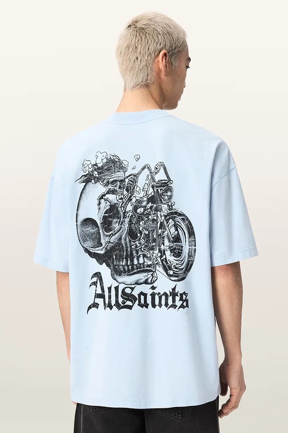 Βαμβακερό μπλουζάκι AllSaints PANHEAD στάμπα μπλε M021PE