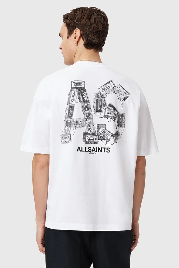 Памучна тениска AllSaints MIXTAPE надпис бял M031PE