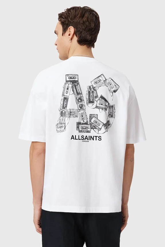 Памучна тениска AllSaints MIXTAPE надпис бял M031PE