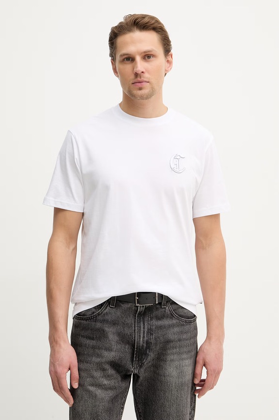 Just Cavalli tricou din bumbac imprimeu alb 80OAHT07.CJ500