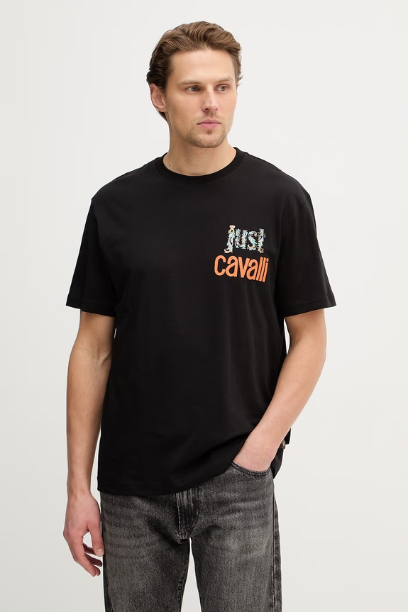 Just Cavalli tricou din bumbac print negru 80OAHT14.CJ500