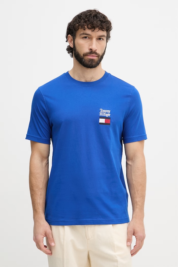 Tommy Hilfiger basic tričko pánske bavlnené modrá MW0MW42367