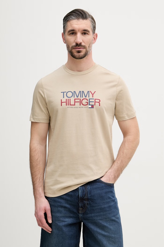 Tommy Hilfiger kratka majica moška bombažna bež MW0MW42369