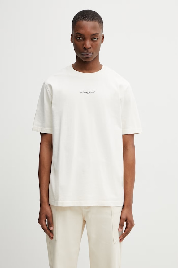 Maison Kitsuné tričko bavlněné pánské béžová QM00100KJ7025