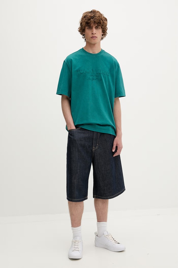 Tommy Jeans Basic tričko pánske bavlnené DM0DM22545 tyrkysová SS26