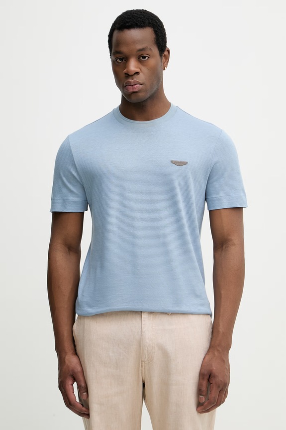BOSS T-shirt męski z dodatkiem lnu BOSS X ASTON MARTIN niebieski 50558830