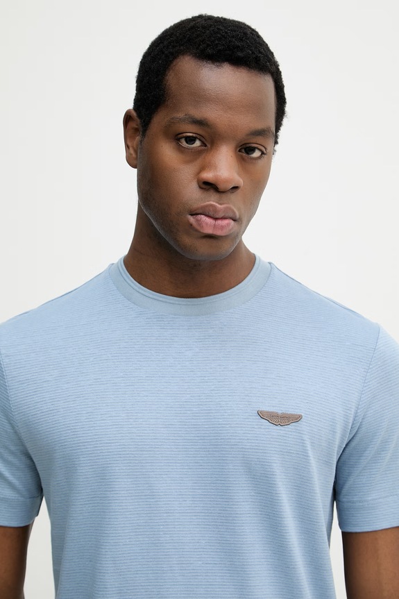 BOSS T-shirt męski z dodatkiem lnu BOSS X ASTON MARTIN niebieski 50558830