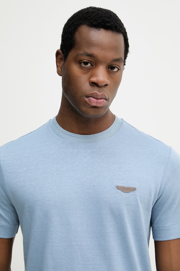 BOSS T-shirt męski z dodatkiem lnu BOSS X ASTON MARTIN niebieski 50558830