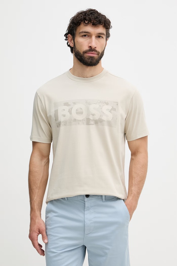 BOSS Green tricou pentru bărbați, cu bumbac bej 50559363