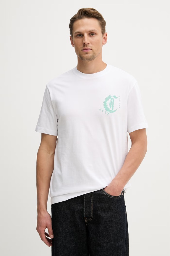 Памучна тениска Just Cavalli стандартна бял 80OAHT26.CJ500