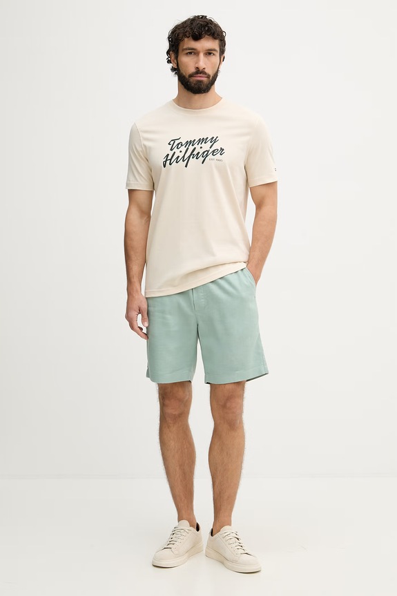 Tommy Hilfiger T-shirt męski bawełniany MW0MW42385 beżowy SS26