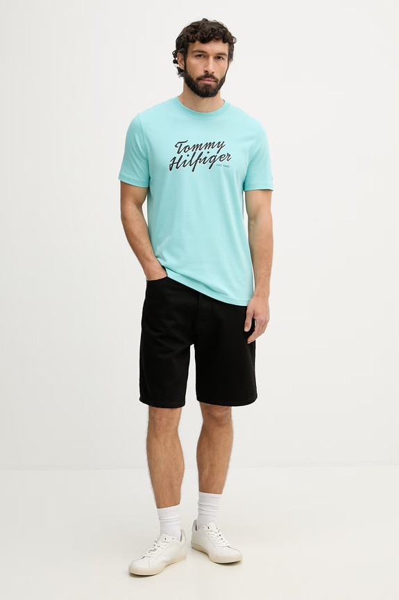 Tommy Hilfiger tricou pentru bărbați, din bumbac MW0MW42385 turcoaz SS26