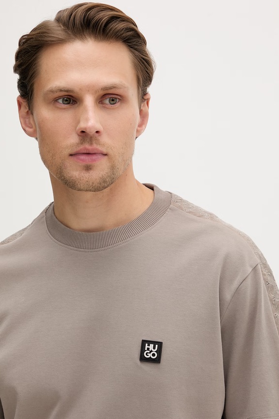 HUGO t-shirt ανδρικό βαμβακερό Drostee μπεζ 50556580