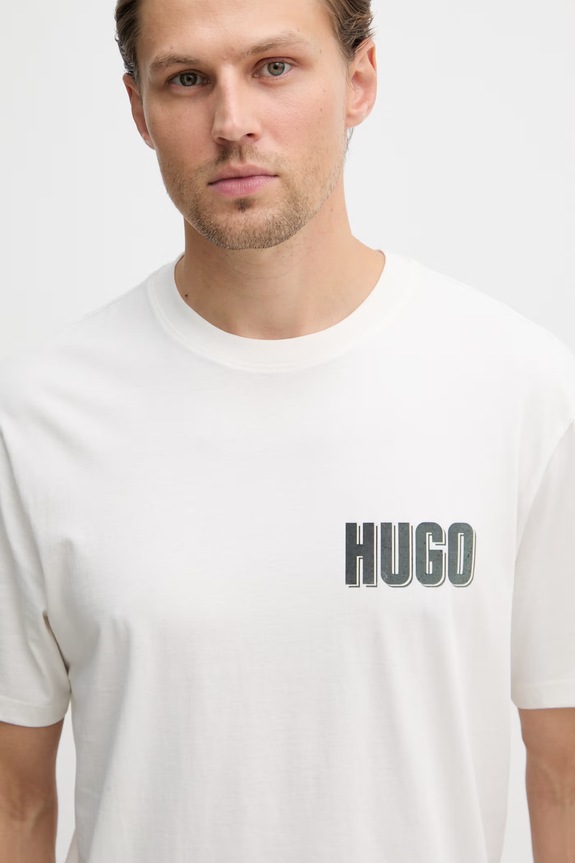 HUGO T-shirt męski bawełniany Derlyns beżowy 50557618