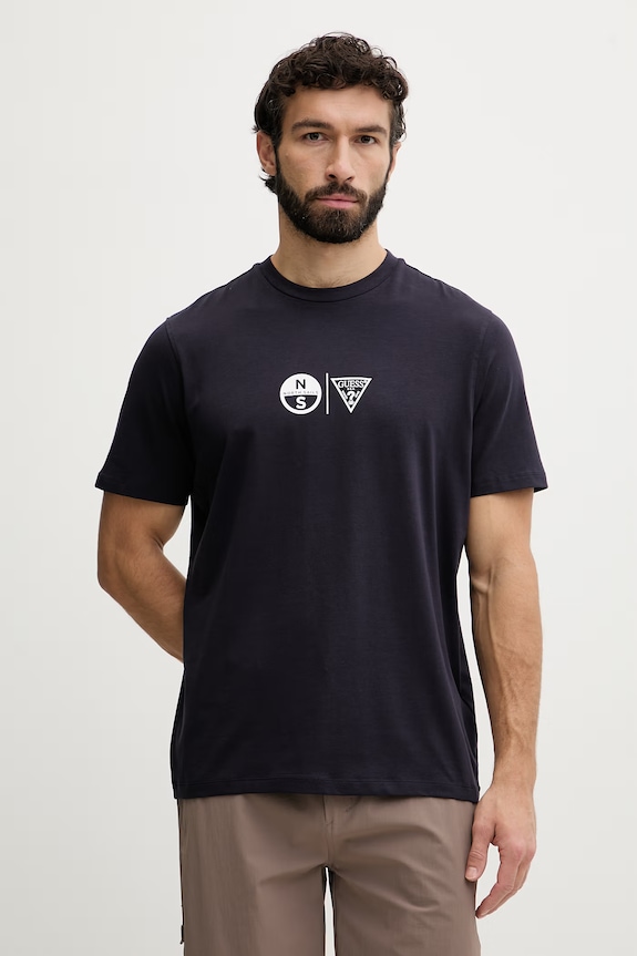 Guess Tričko pánske bavlnené s elastanom x North Sails tmavomodrá M6GI40.K3322