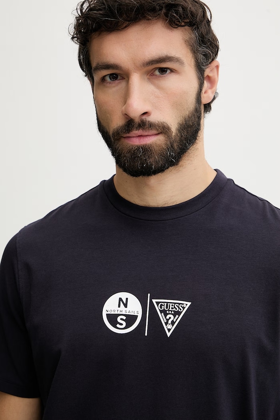 Guess Tričko pánske bavlnené s elastanom x North Sails tmavomodrá M6GI40.K3322