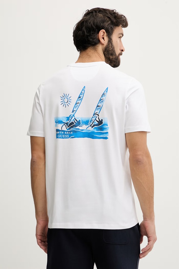 Guess tričko pánske bavlnené s elastanom x North Sails biela M6GI46.K3495
