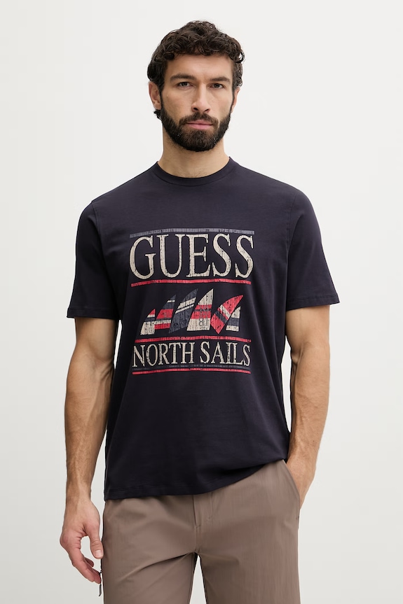 Guess tričko pánske bavlnené s elastanom x North Sails tmavomodrá M6GI46.K3495