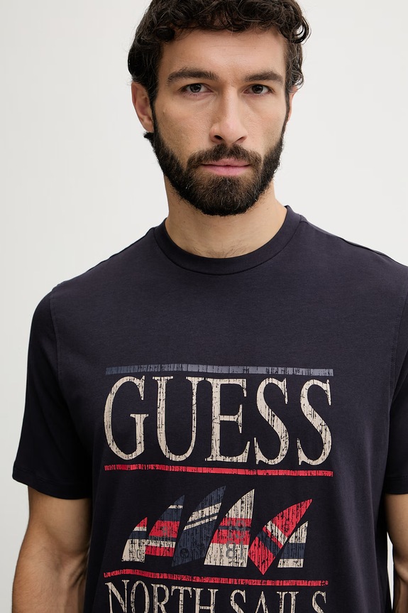 Guess tričko pánske bavlnené s elastanom x North Sails tmavomodrá M6GI46.K3495