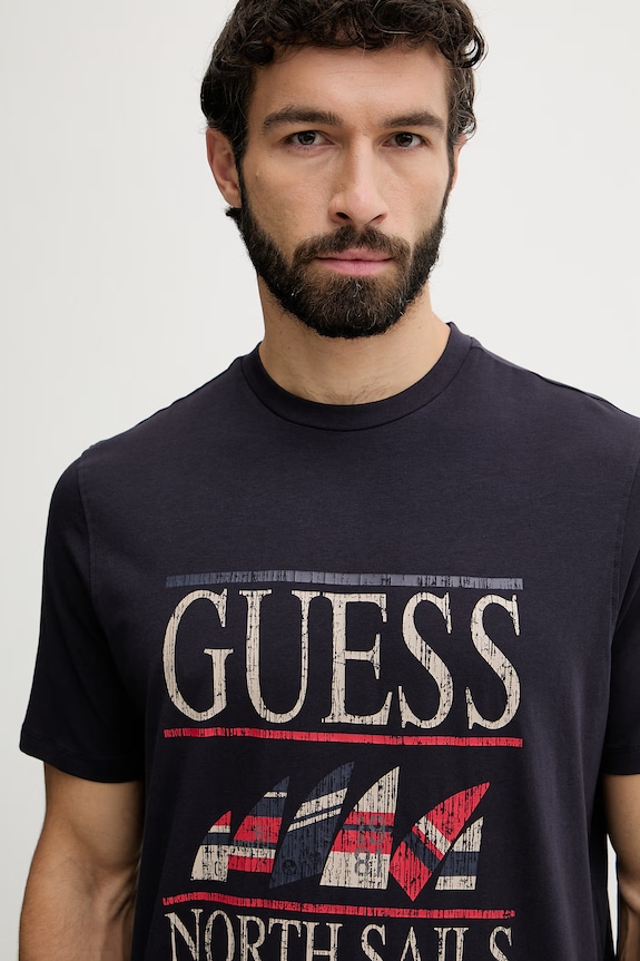 Guess tričko pánske bavlnené s elastanom x North Sails tmavomodrá M6GI46.K3495