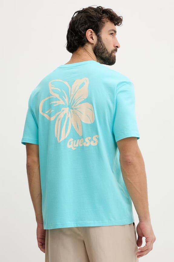Guess t-shirt męski bawełniany turkusowy F6GI05.K8HM4