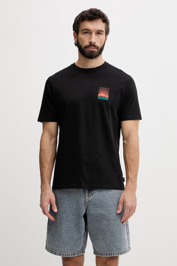 Ρούχα Hurley T-shirt ανδρικό βαμβακερό MTSEUED0020 μαύρο