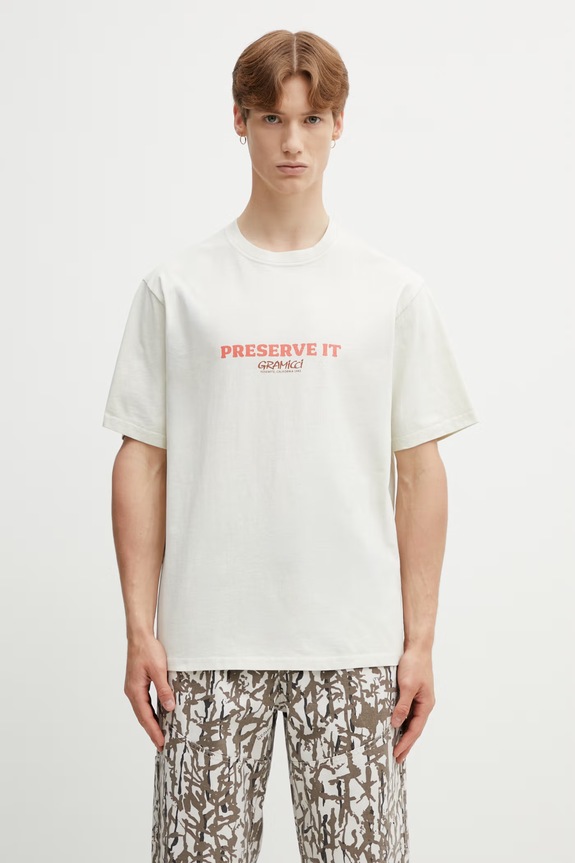 Odzież Gramicci FOOTPRINTS TEE PIGMENT DYED t-shirt basic bawełniany męski G6SU.T119. beżowy